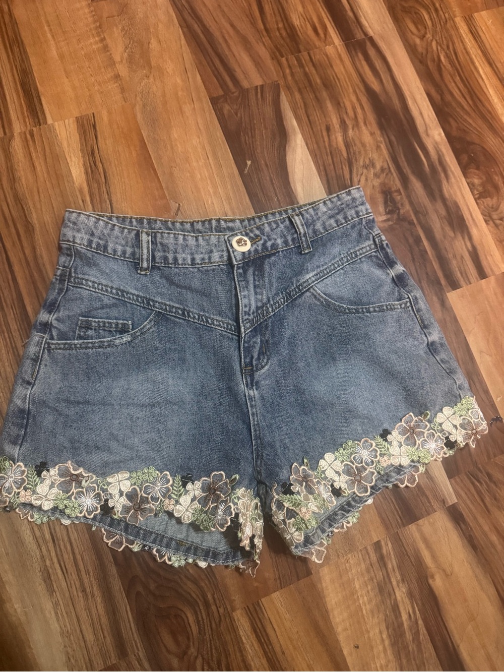 Denim Women’s Shorts with Floral Lace Trim - Blue